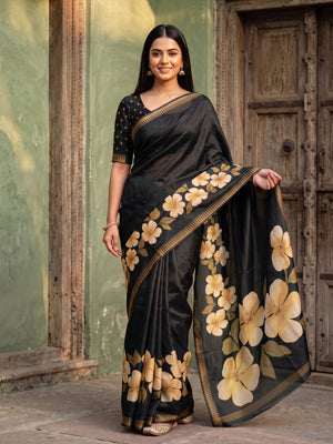 Peachmode Black Marshmallow Saree With 3D Floral Print And Woven Jacquard Border - Image 1
