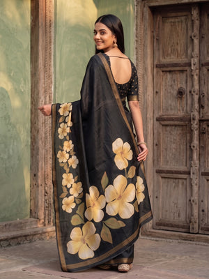 Peachmode Black Marshmallow Saree With 3D Floral Print And Woven Jacquard Border - Image 2