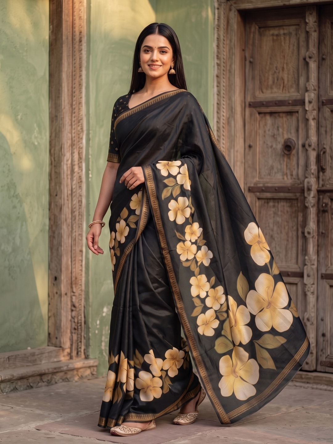 Peachmode Black Marshmallow Saree With 3D Floral Print And Woven Jacquard Border - Image 3