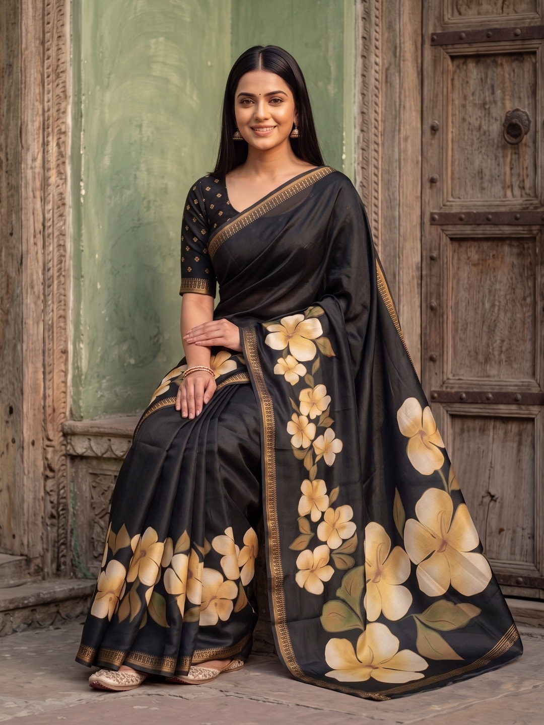Peachmode Black Marshmallow Saree With 3D Floral Print And Woven Jacquard Border - Image 4