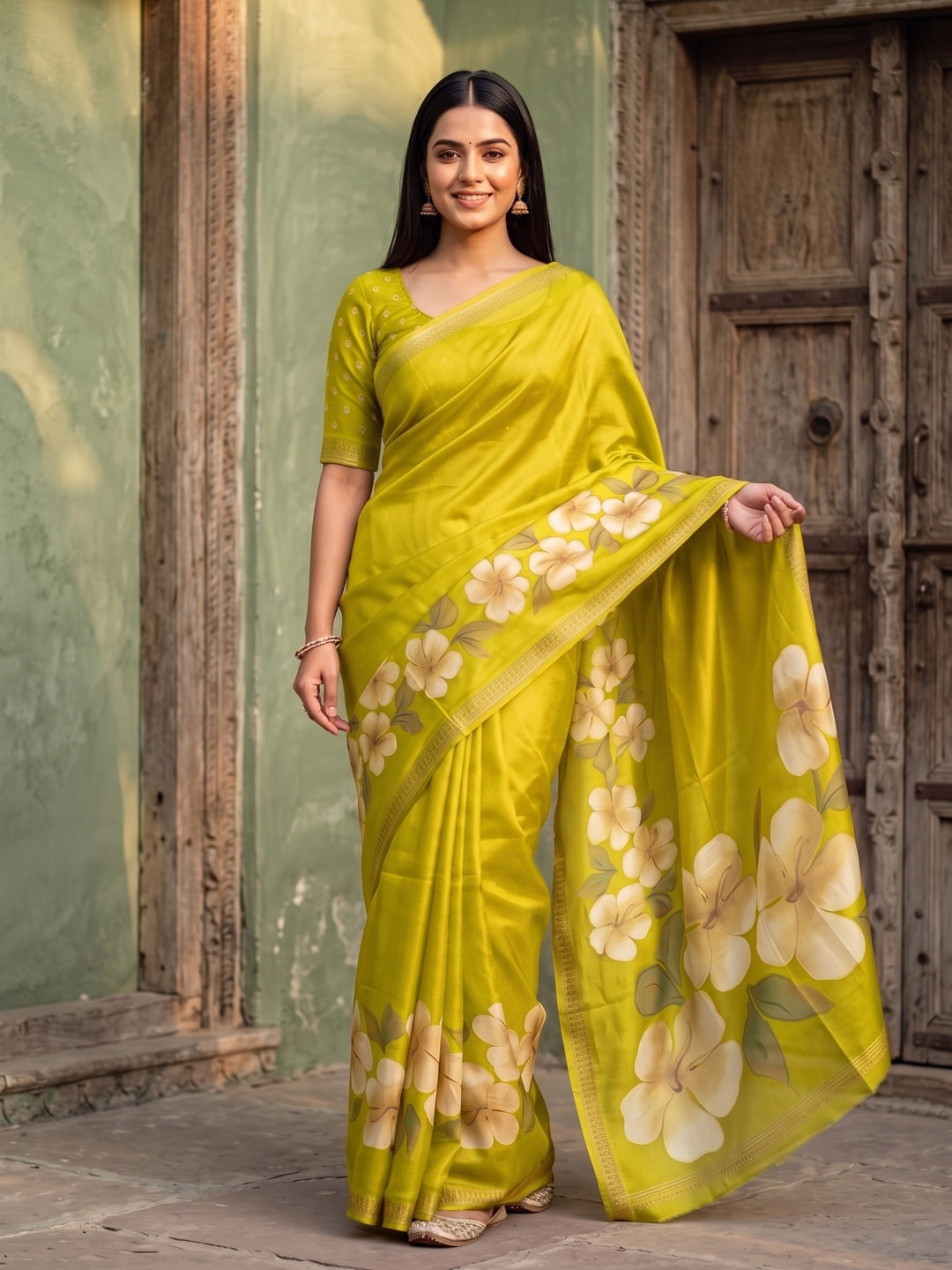 Peachmode Lime Green Marshmallow Saree With 3D Floral Print And Woven Jacquard Border - Image 1