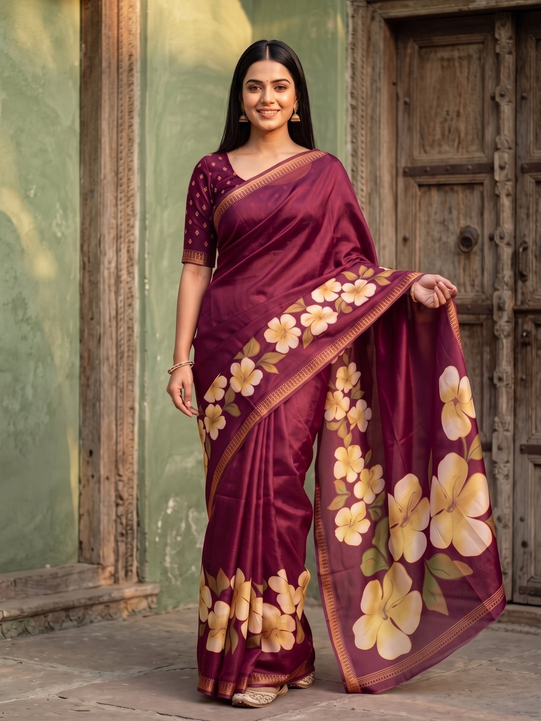 Peachmode Wine Marshmallow Saree With 3D Floral Print And Woven Jacquard Border - Image 1