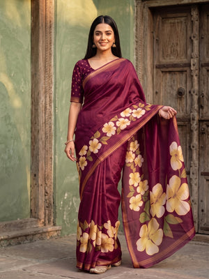 Peachmode Wine Marshmallow Saree With 3D Floral Print And Woven Jacquard Border - Image 1