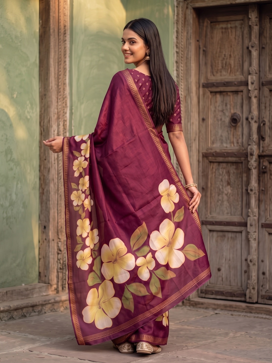 Peachmode Wine Marshmallow Saree With 3D Floral Print And Woven Jacquard Border - Image 2