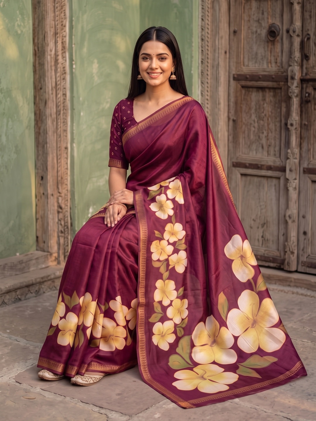 Peachmode Wine Marshmallow Saree With 3D Floral Print And Woven Jacquard Border - Image 4
