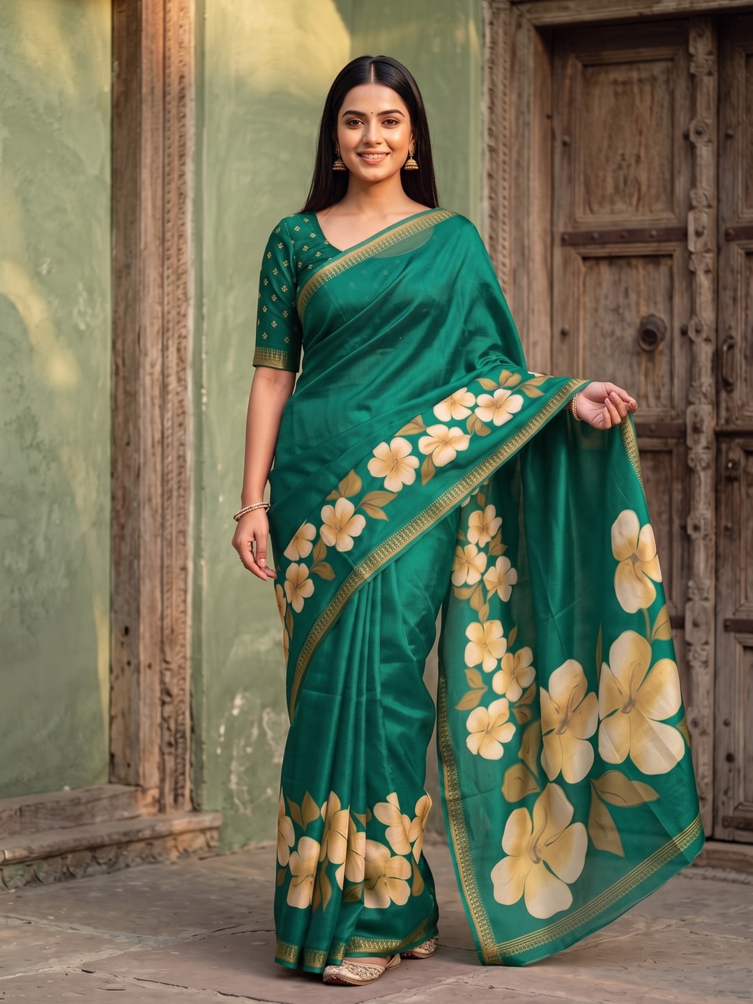 Peachmode Green Marshmallow Saree With 3D Floral Print And Woven Jacquard Border - Image 1