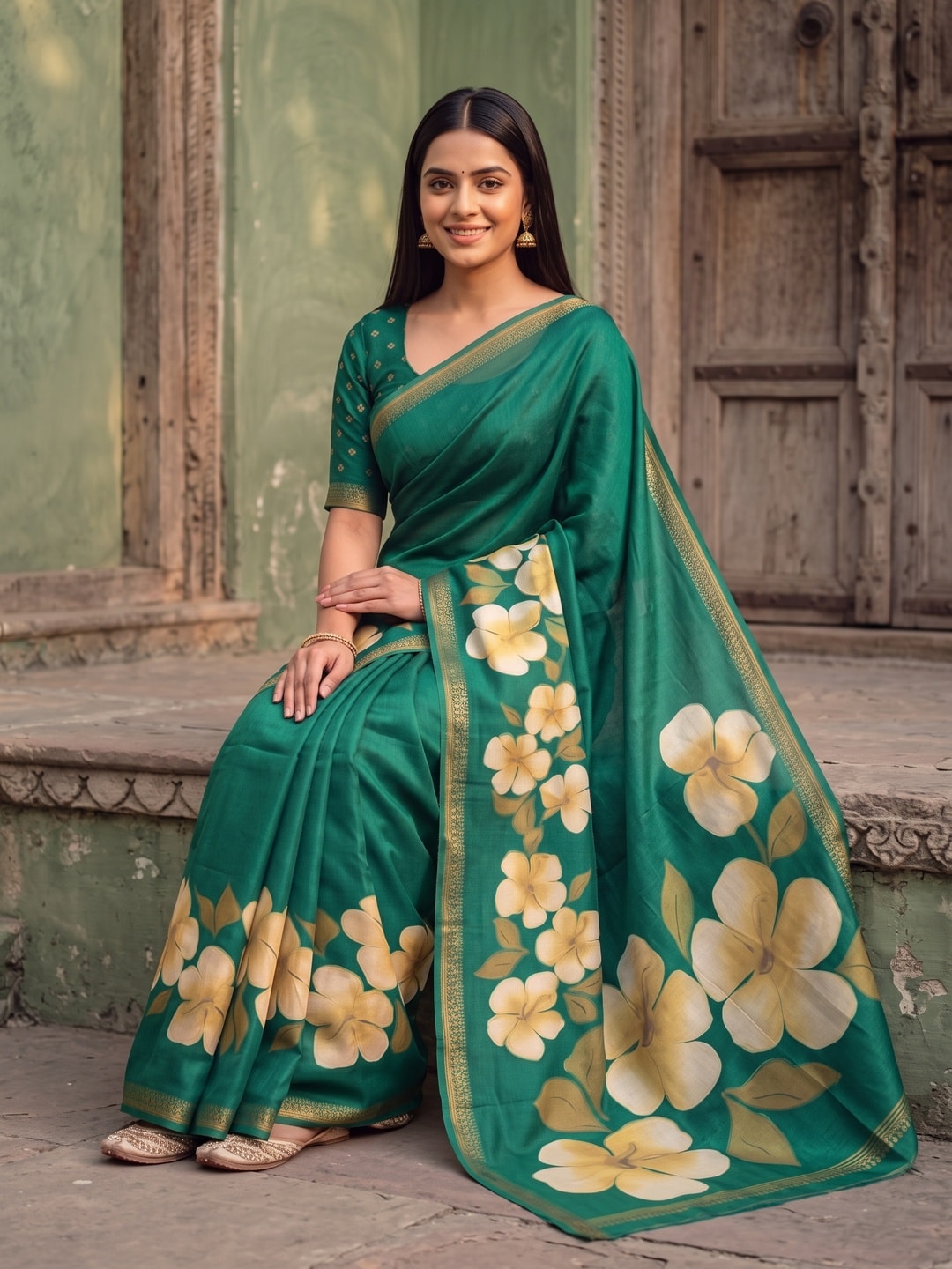 Peachmode Green Marshmallow Saree With 3D Floral Print And Woven Jacquard Border - Image 4