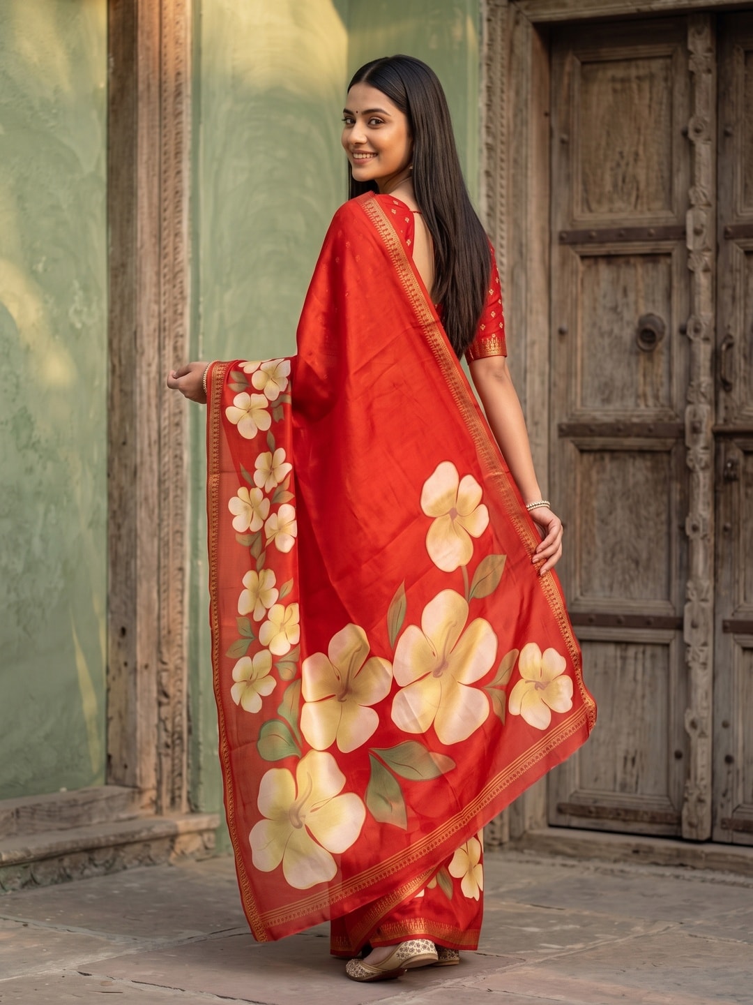 Peachmode Red Marshmallow Saree With 3D Floral Print And Woven Jacquard Border - Image 2