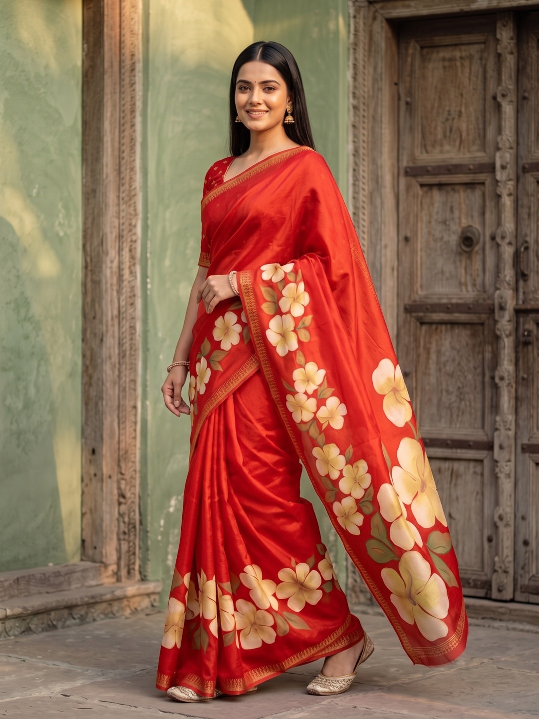 Peachmode Red Marshmallow Saree With 3D Floral Print And Woven Jacquard Border - Image 3