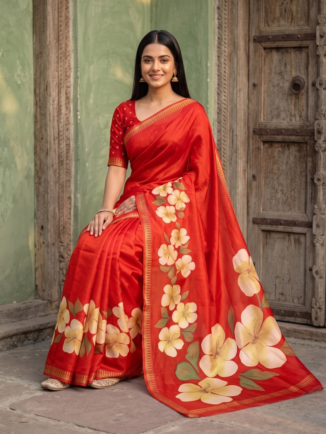 Peachmode Red Marshmallow Saree With 3D Floral Print And Woven Jacquard Border - Image 4