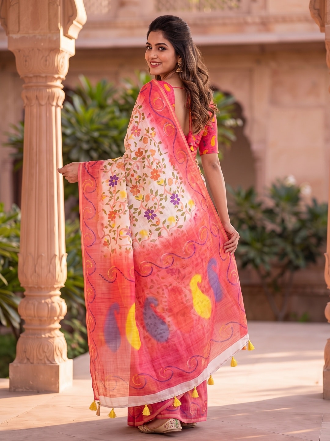 Peachmode Pink Digital Kalamkari Print Linen Cotton Saree With Tassels - Image 2