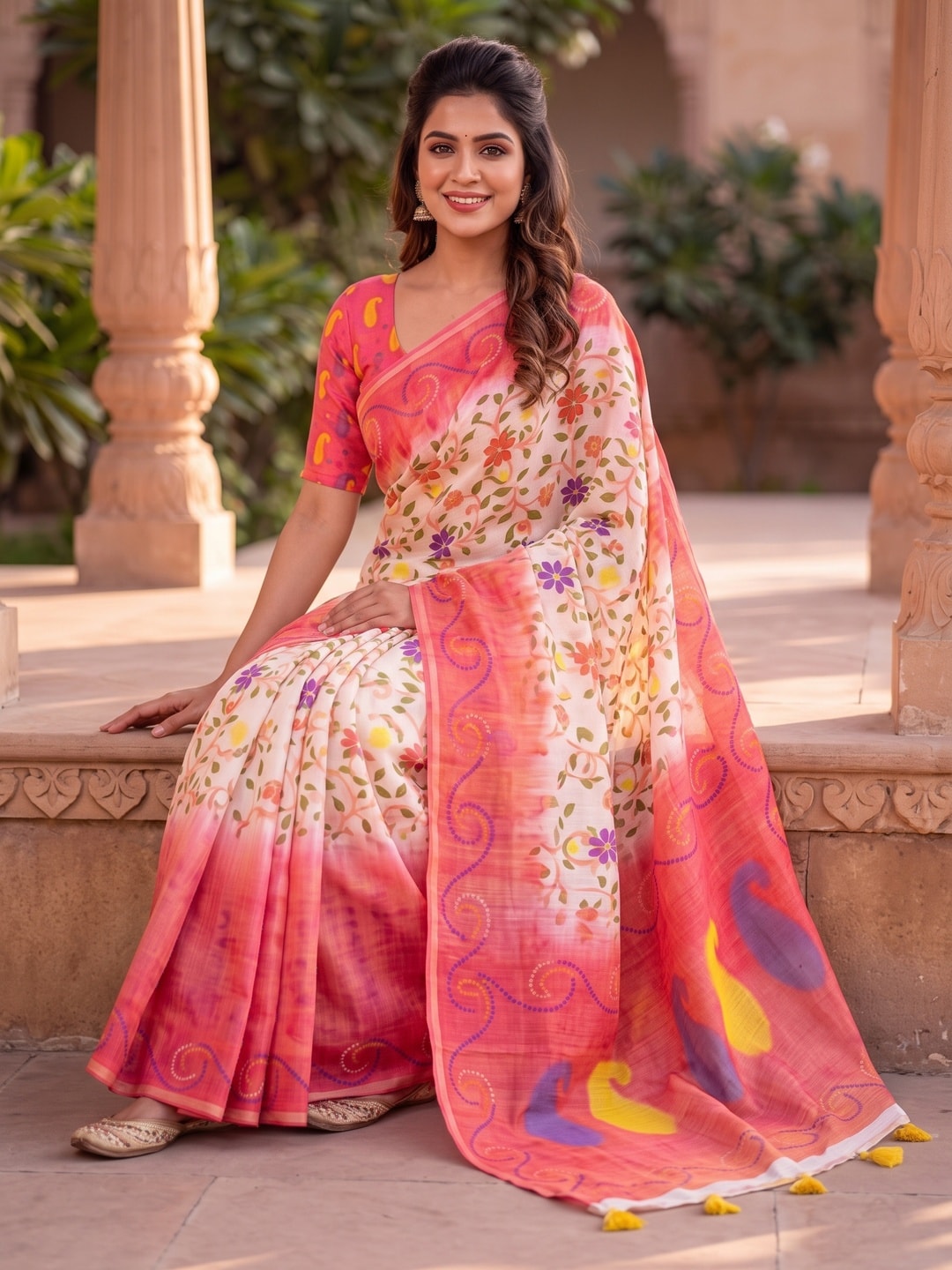 Peachmode Pink Digital Kalamkari Print Linen Cotton Saree With Tassels - Image 4
