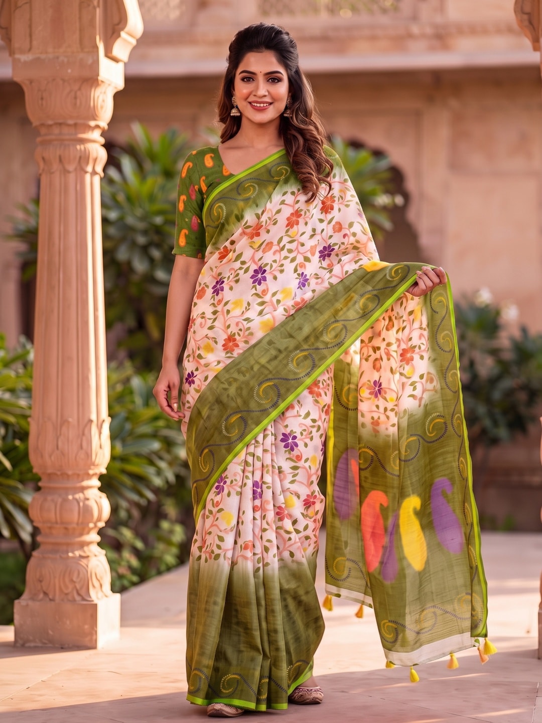 Peachmode Green Digital Kalamkari Print Linen Cotton Saree With Tassels - Image 1