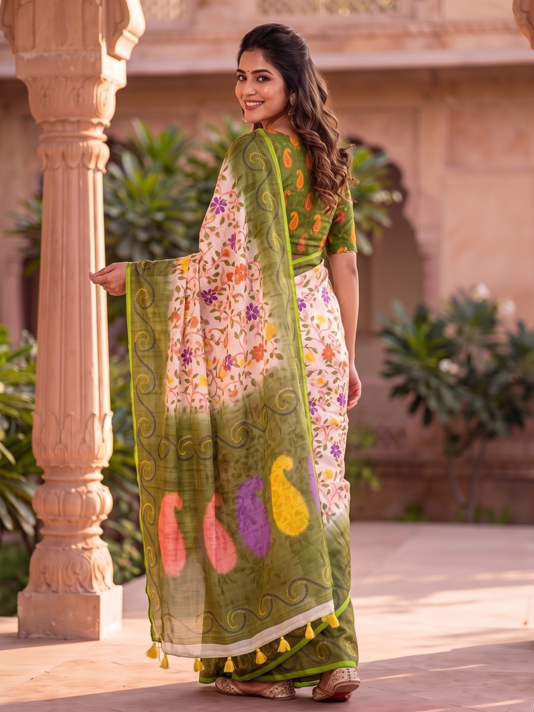 Peachmode Green Digital Kalamkari Print Linen Cotton Saree With Tassels - Image 2