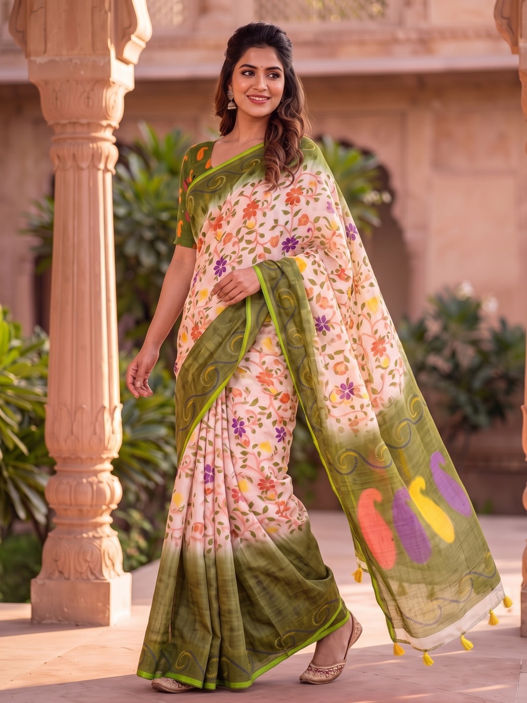 Peachmode Green Digital Kalamkari Print Linen Cotton Saree With Tassels - Image 3