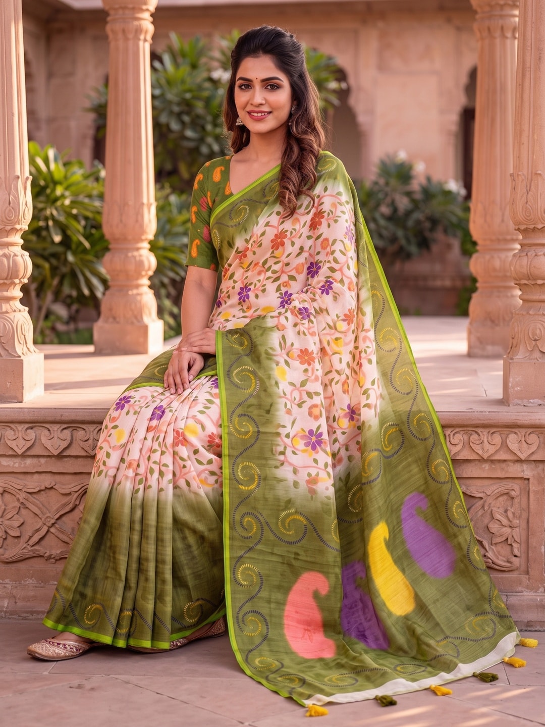 Peachmode Green Digital Kalamkari Print Linen Cotton Saree With Tassels - Image 4