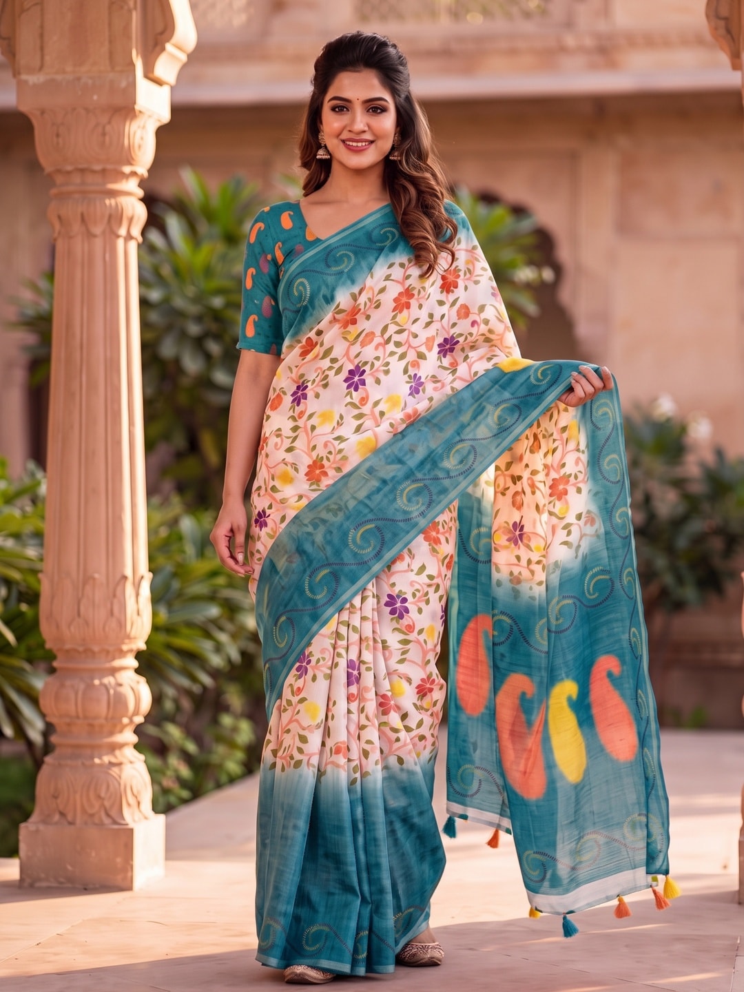 Peachmode Teal Blue Digital Kalamkari Print Linen Cotton Saree With Tassels - Image 1