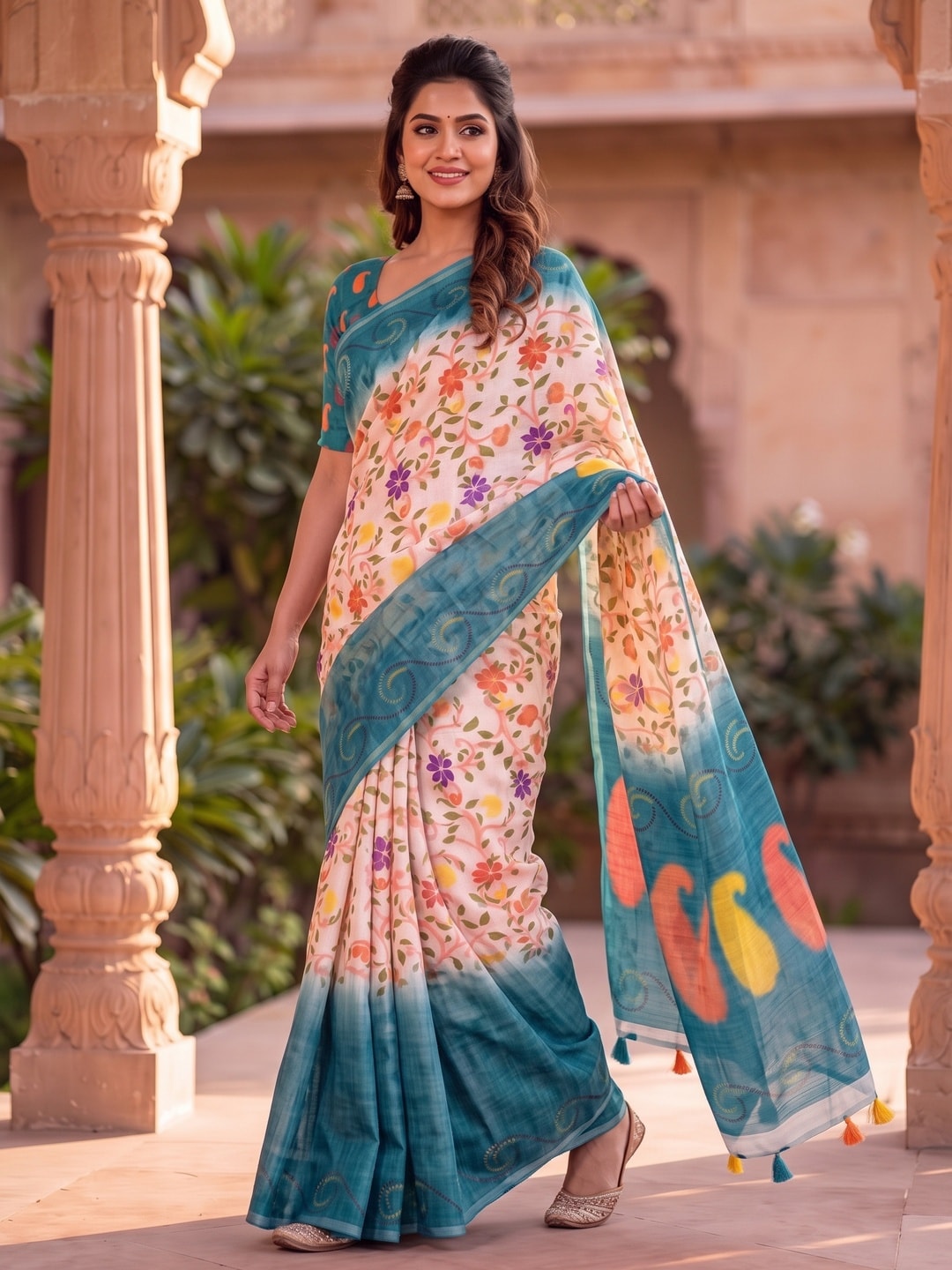 Peachmode Teal Blue Digital Kalamkari Print Linen Cotton Saree With Tassels - Image 3
