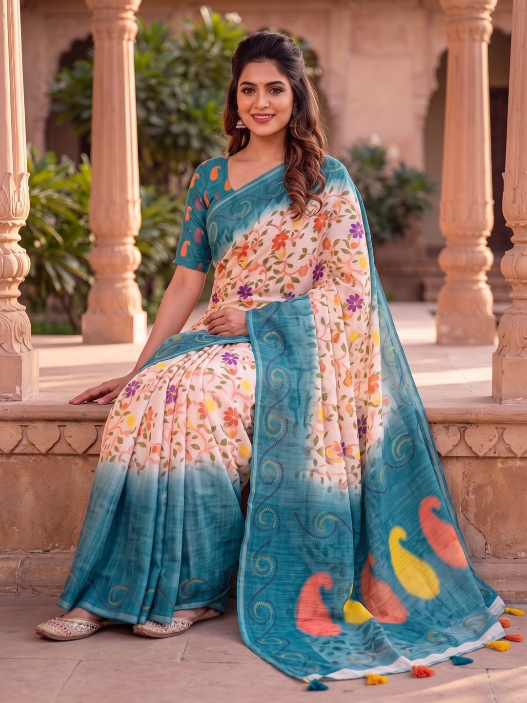 Peachmode Teal Blue Digital Kalamkari Print Linen Cotton Saree With Tassels - Image 4