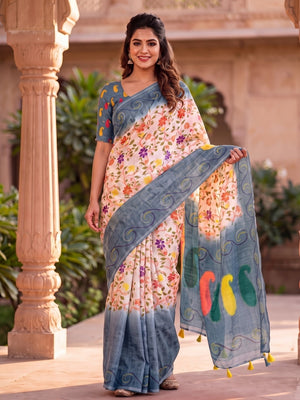 Peachmode Grey Digital Kalamkari Print Linen Cotton Saree With Tassels - Image 1