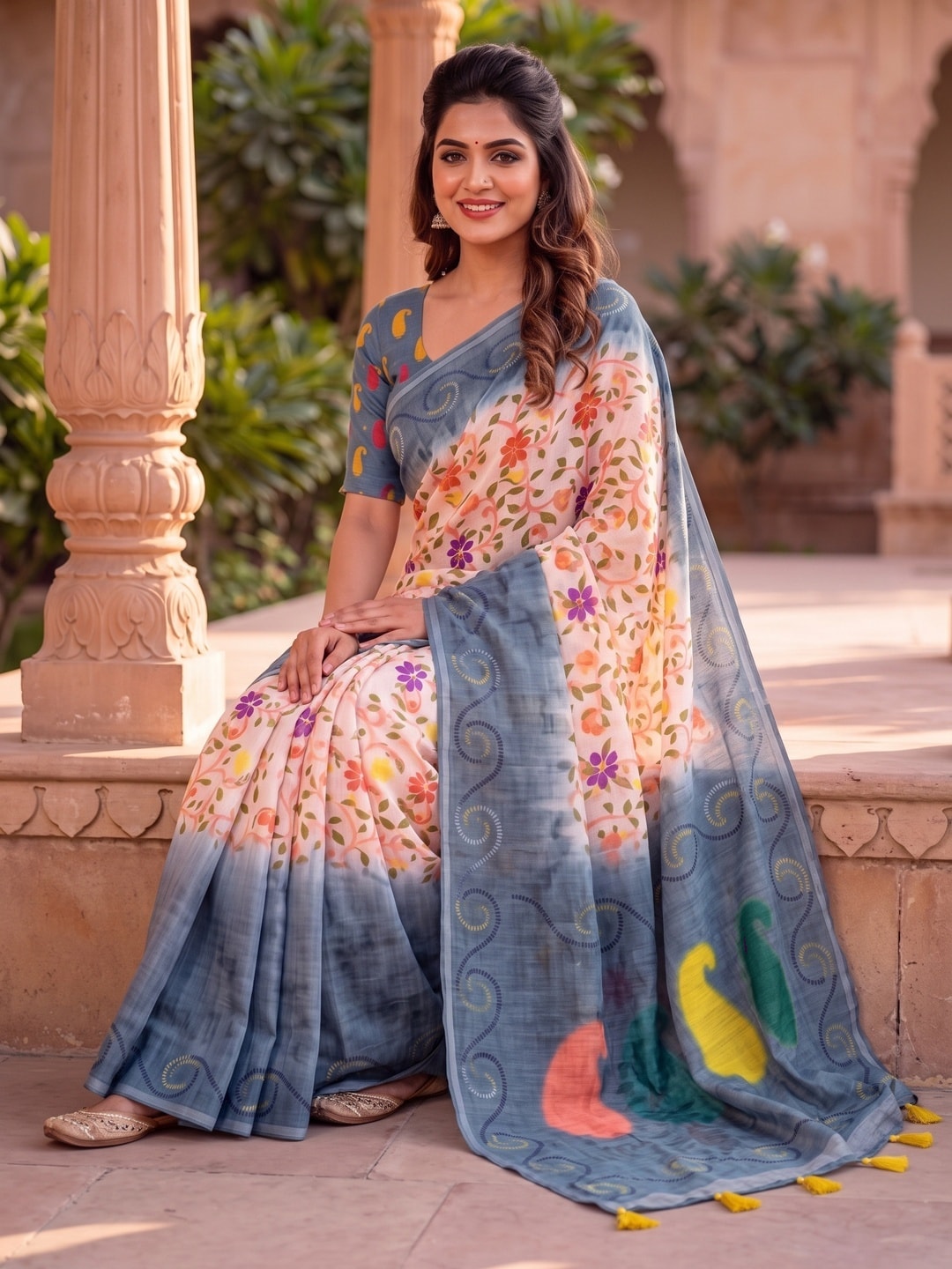 Peachmode Grey Digital Kalamkari Print Linen Cotton Saree With Tassels - Image 4