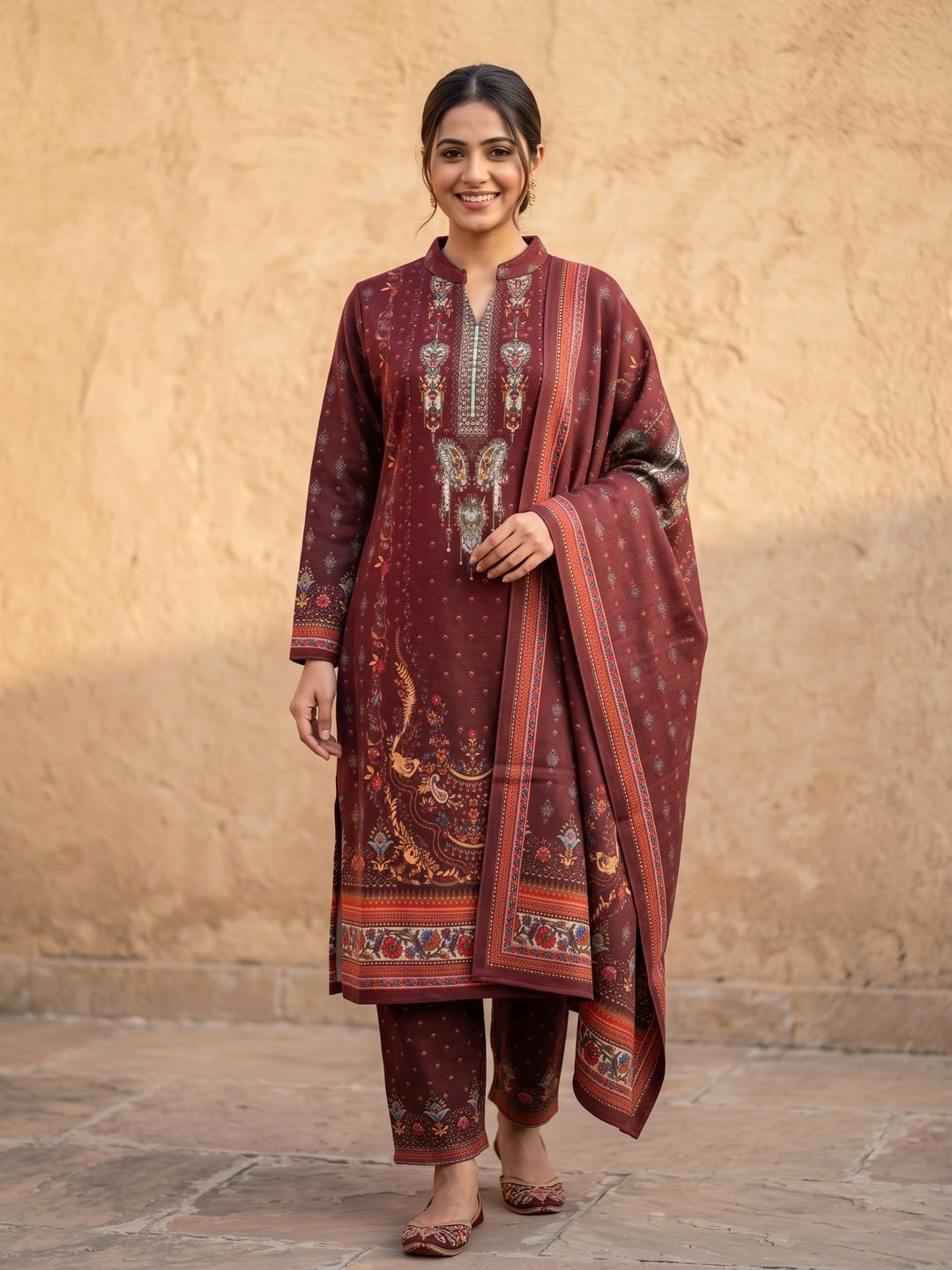 Peachmode Maroon Printed Woolen Salwar Suit With Stole - Image 1