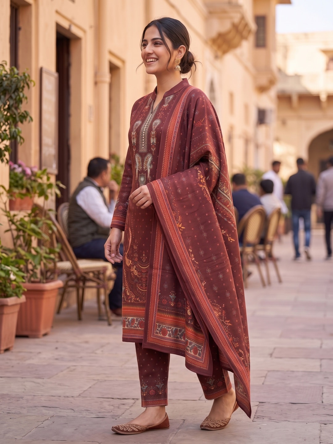 Peachmode Maroon Printed Woolen Salwar Suit With Stole - Image 3