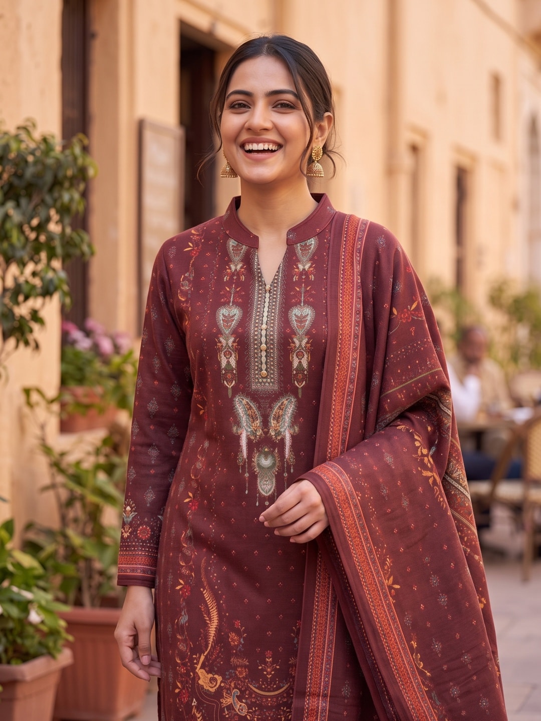 Peachmode Maroon Printed Woolen Salwar Suit With Stole - Image 5