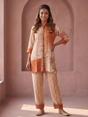 Peachmode Beige Lenzing Silk Printed Co-ord Set - Image 1