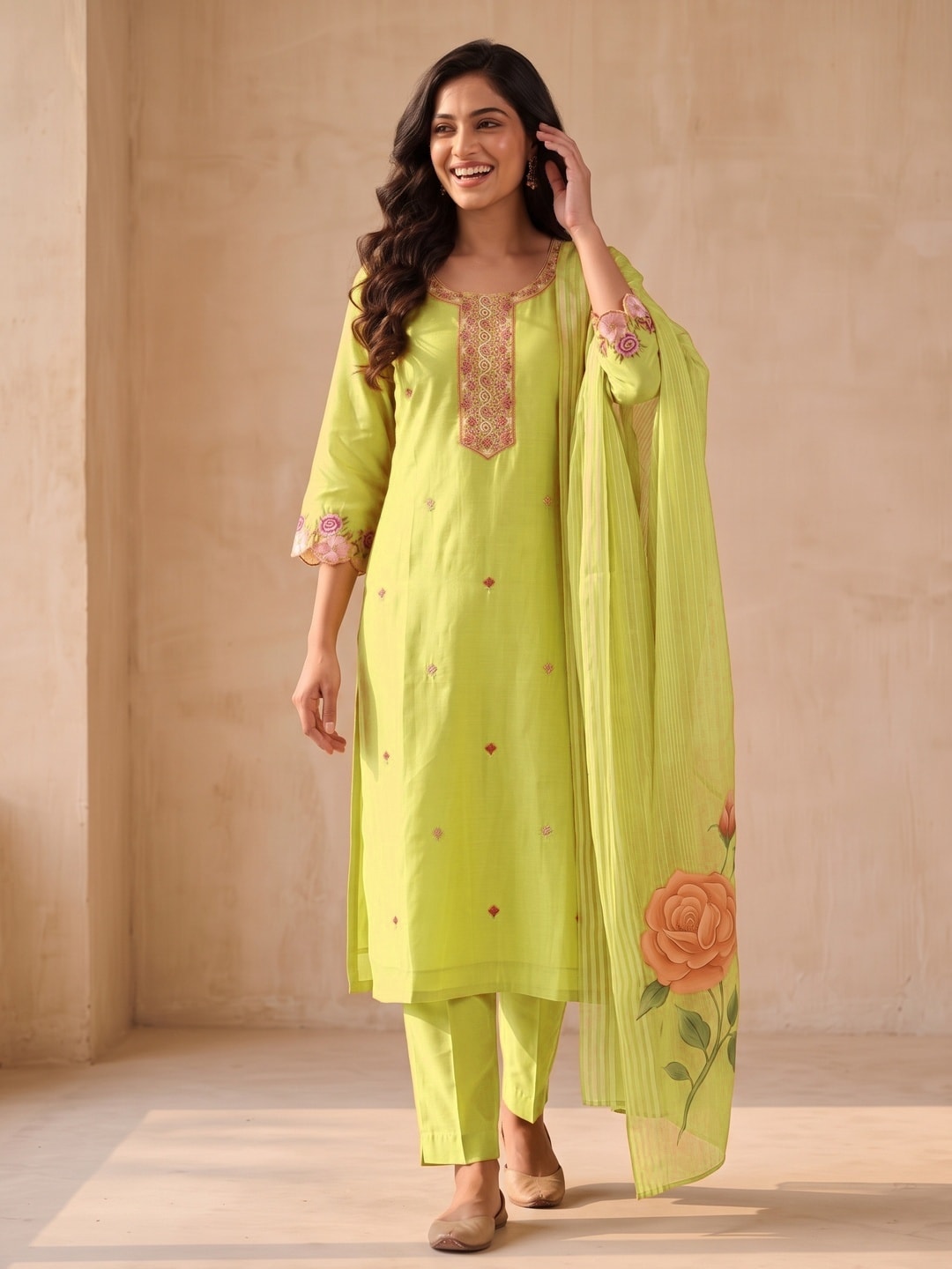 Peachmode Yellow Mul Chanderi Floral Embroidered Salwar Suit - Image 2
