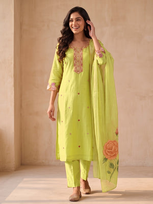 Peachmode Yellow Mul Chanderi Floral Embroidered Salwar Suit - Image 2