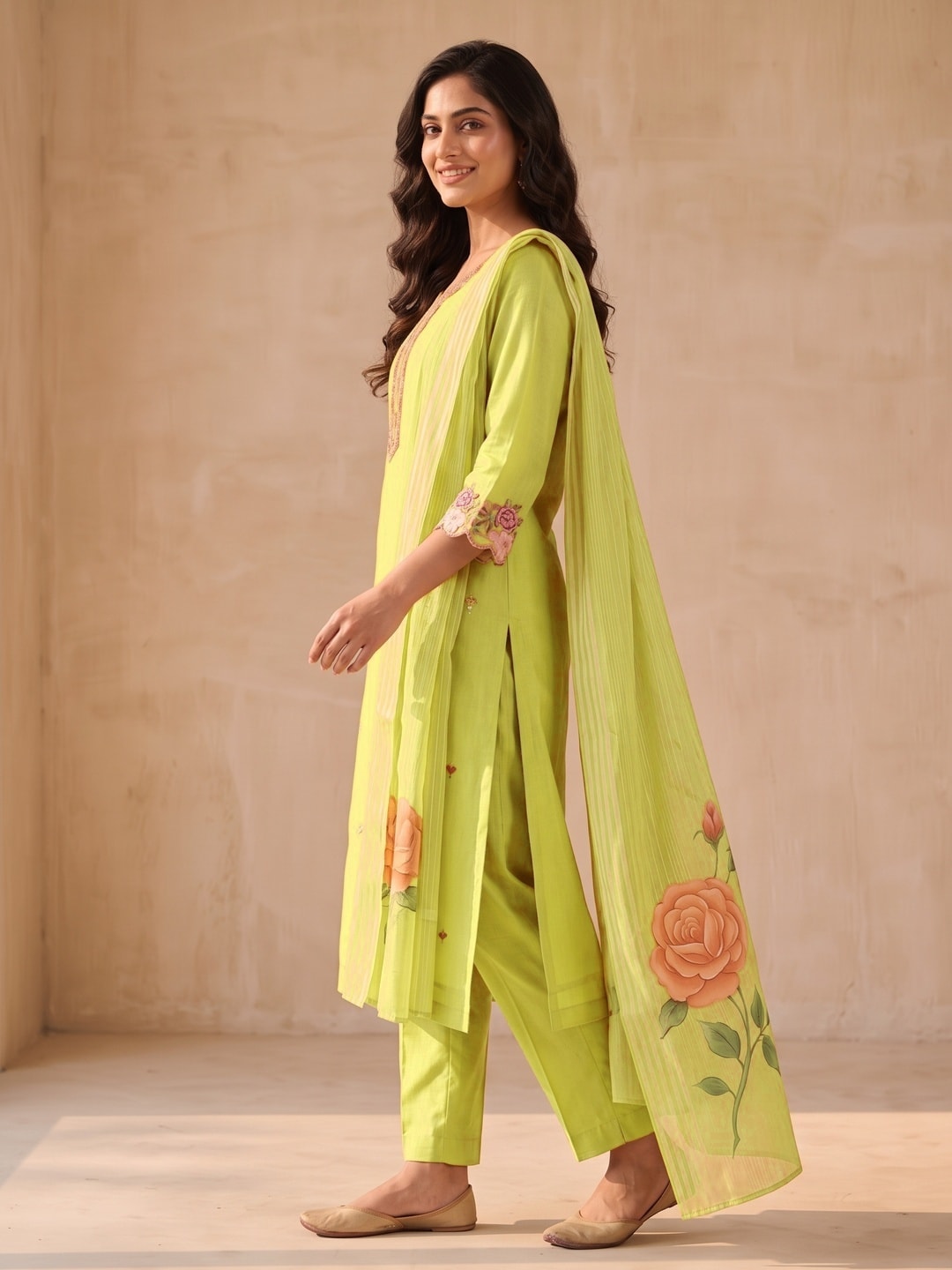 Peachmode Yellow Mul Chanderi Floral Embroidered Salwar Suit - Image 3