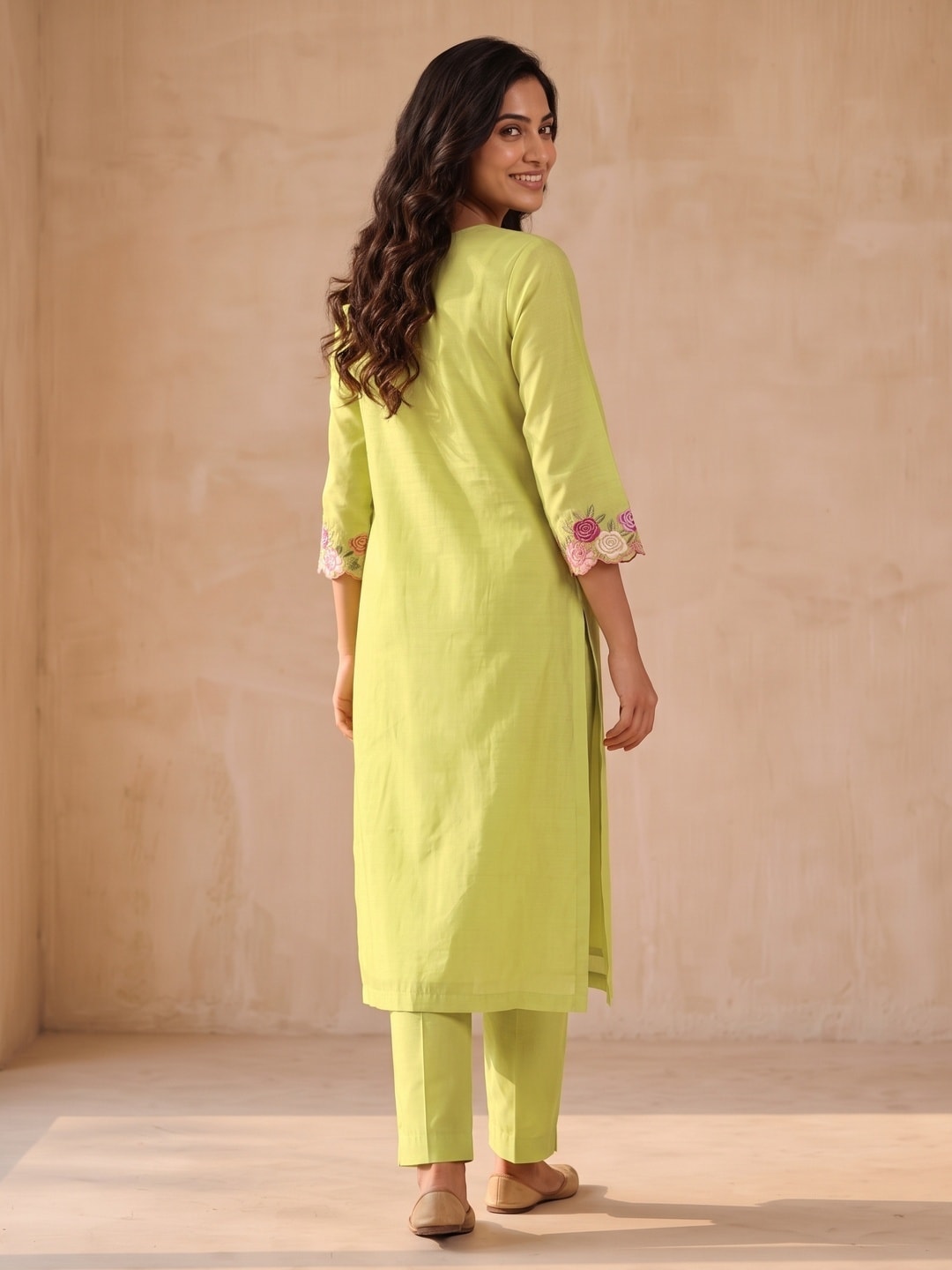 Peachmode Yellow Mul Chanderi Floral Embroidered Salwar Suit - Image 4