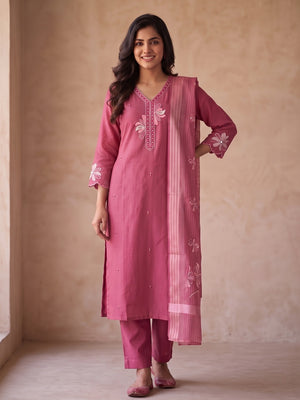 Peachmode Pink Mul Chanderi Floral Embroidered Salwar Suit - Image 1