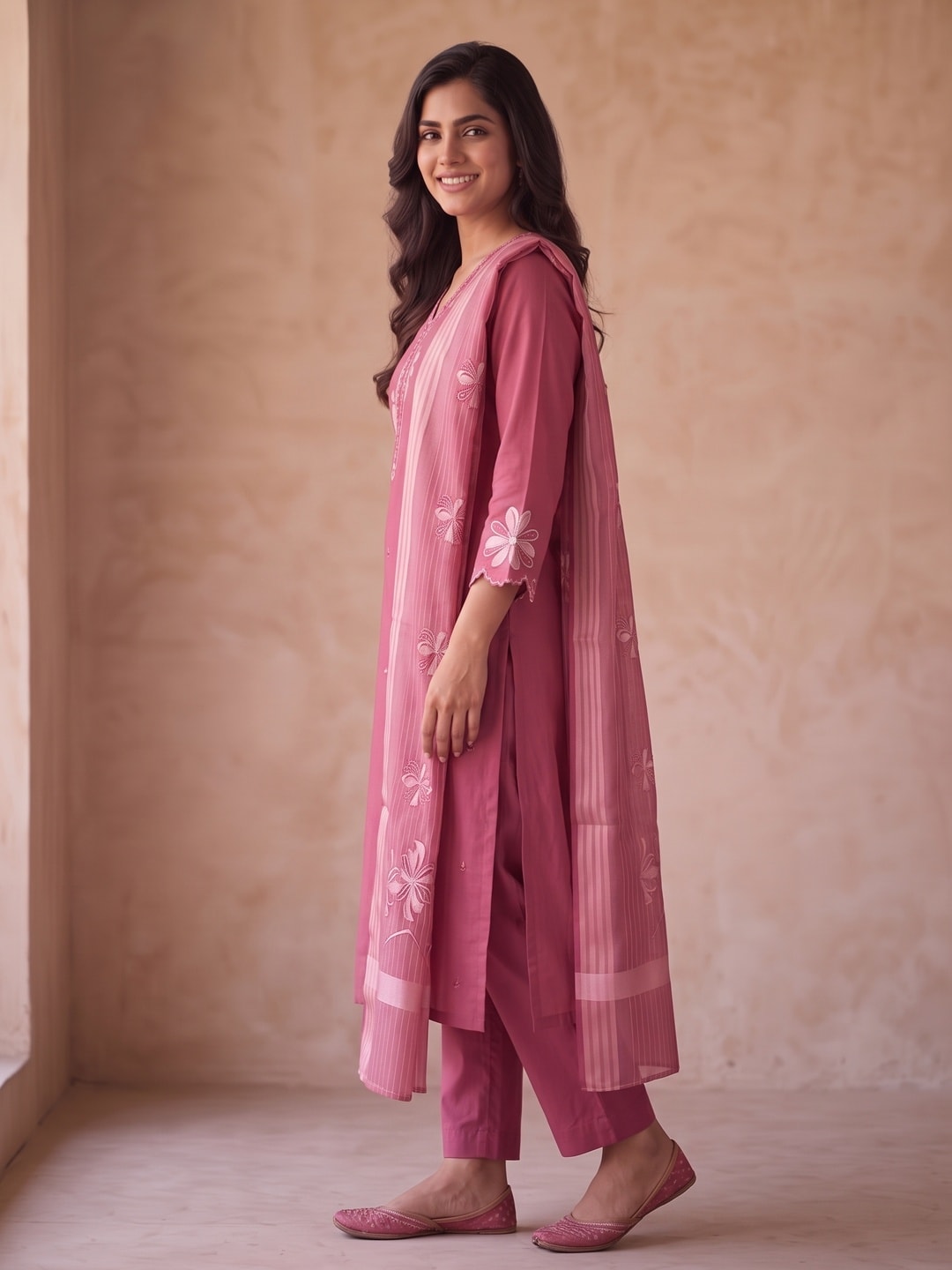 Peachmode Pink Mul Chanderi Floral Embroidered Salwar Suit - Image 3