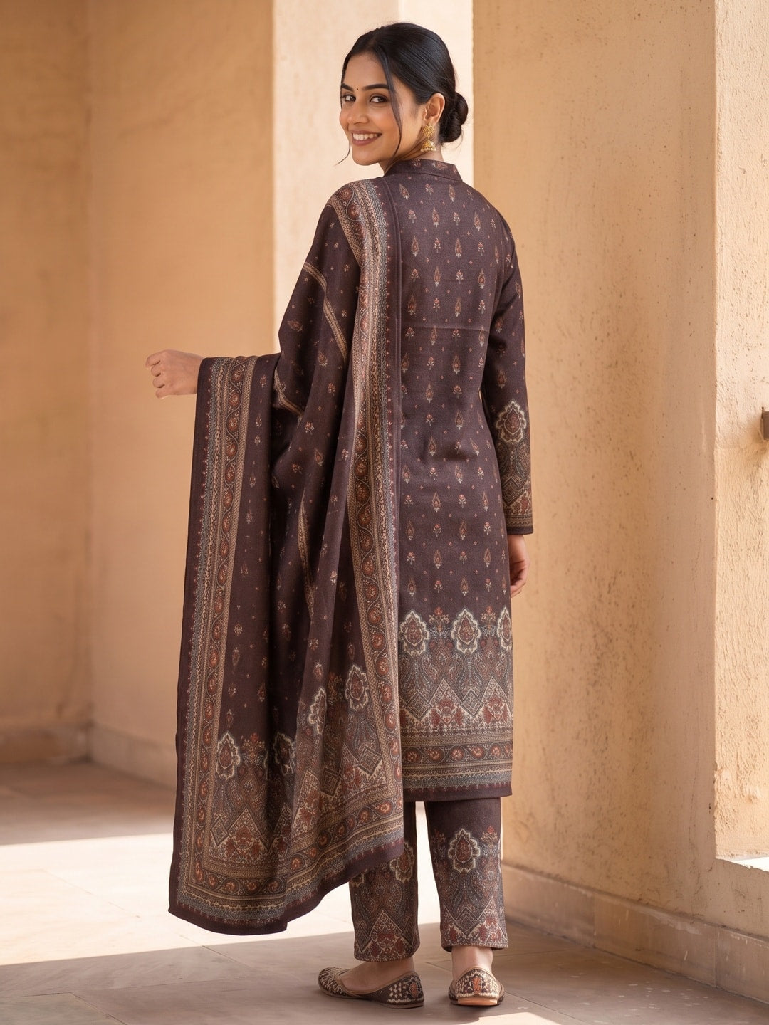 Peachmode Brown Printed Woolen Salwar Suit With Stole - Image 3