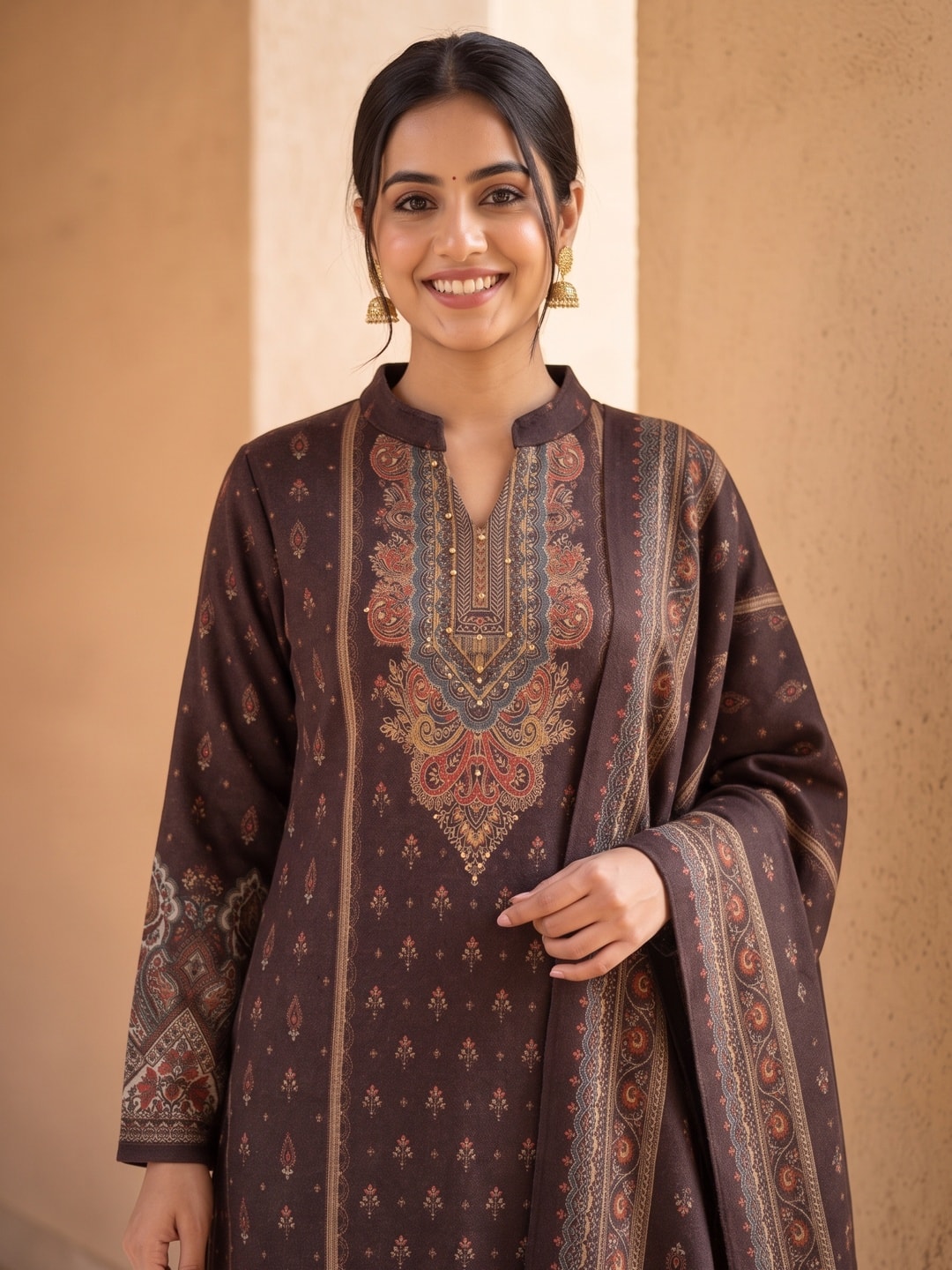 Peachmode Brown Printed Woolen Salwar Suit With Stole - Image 4