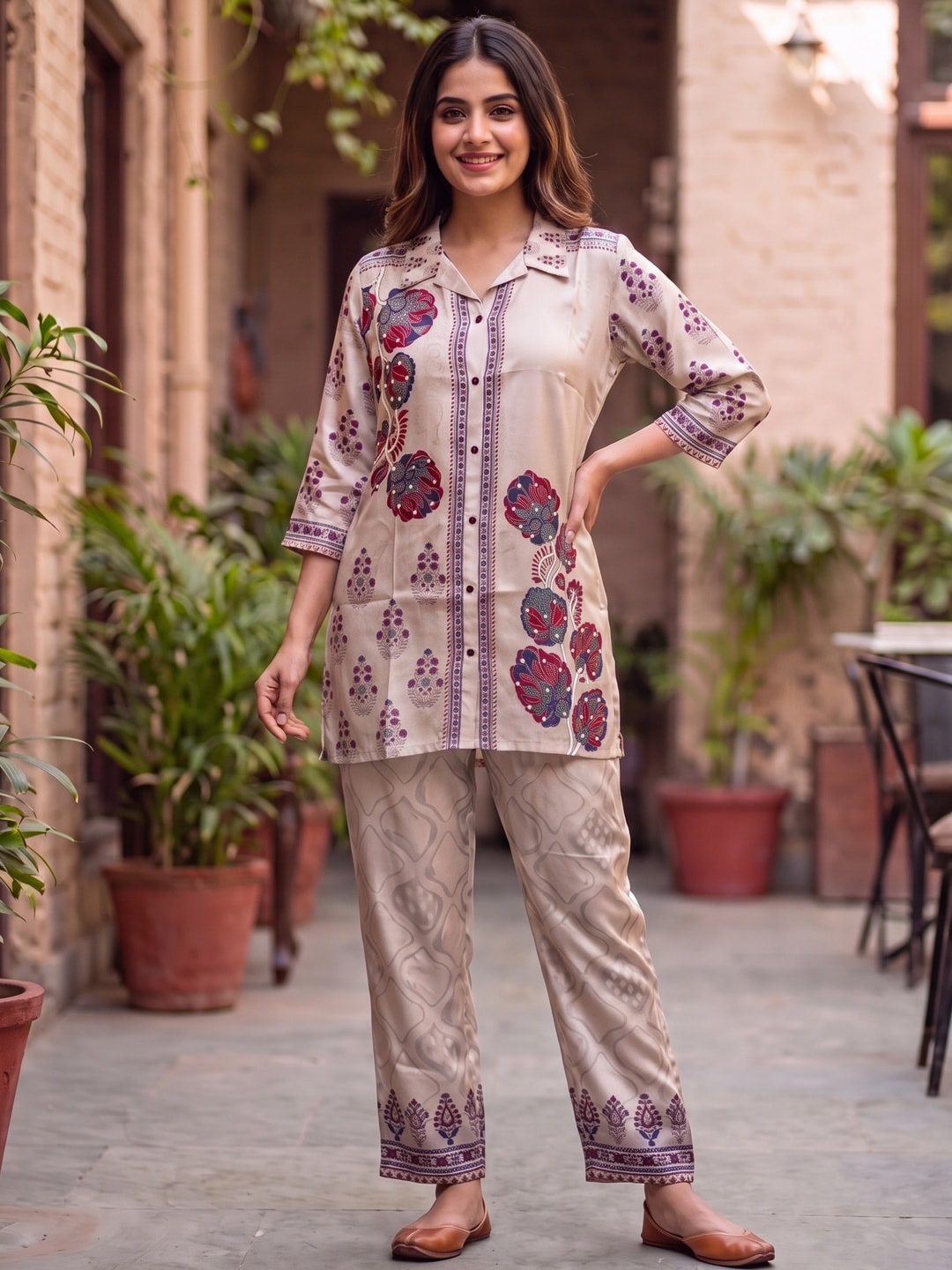 Peachmode Beige Lenzing Silk Floral Printed Co-ord Set - Image 1