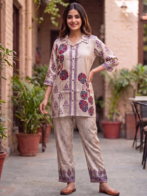 Peachmode Beige Lenzing Silk Floral Printed Co-ord Set - Image 1