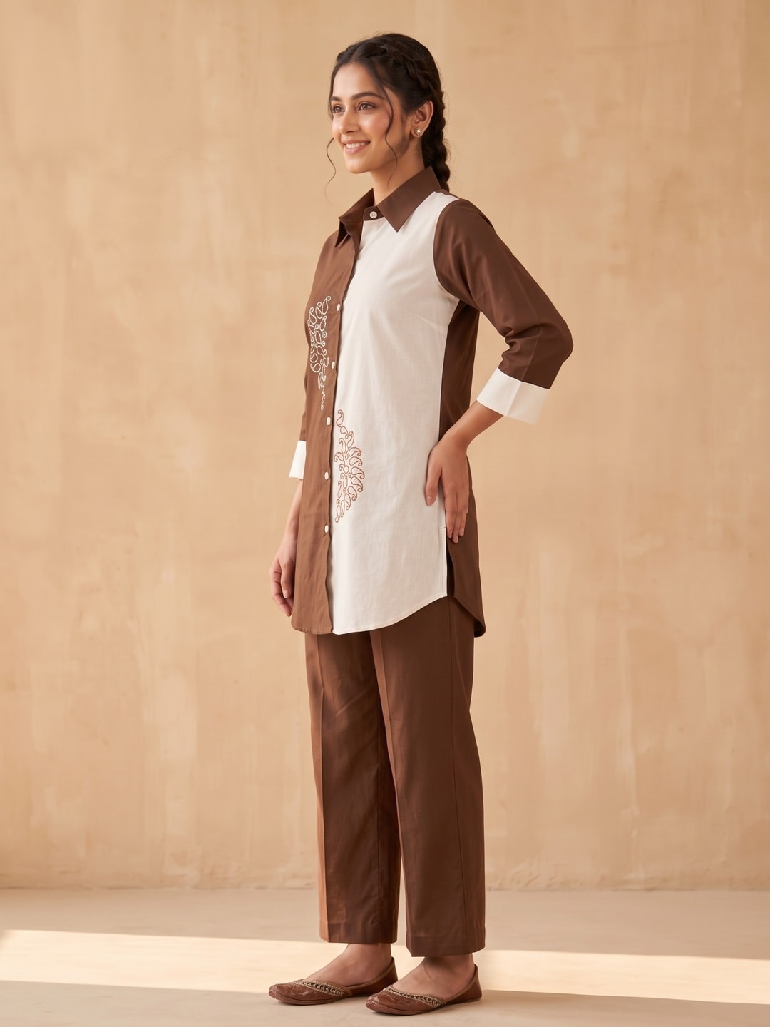 Peachmode Brown and Ivory Cotton Colourblock Paisley Embroidered Co-ord Set - Image 3