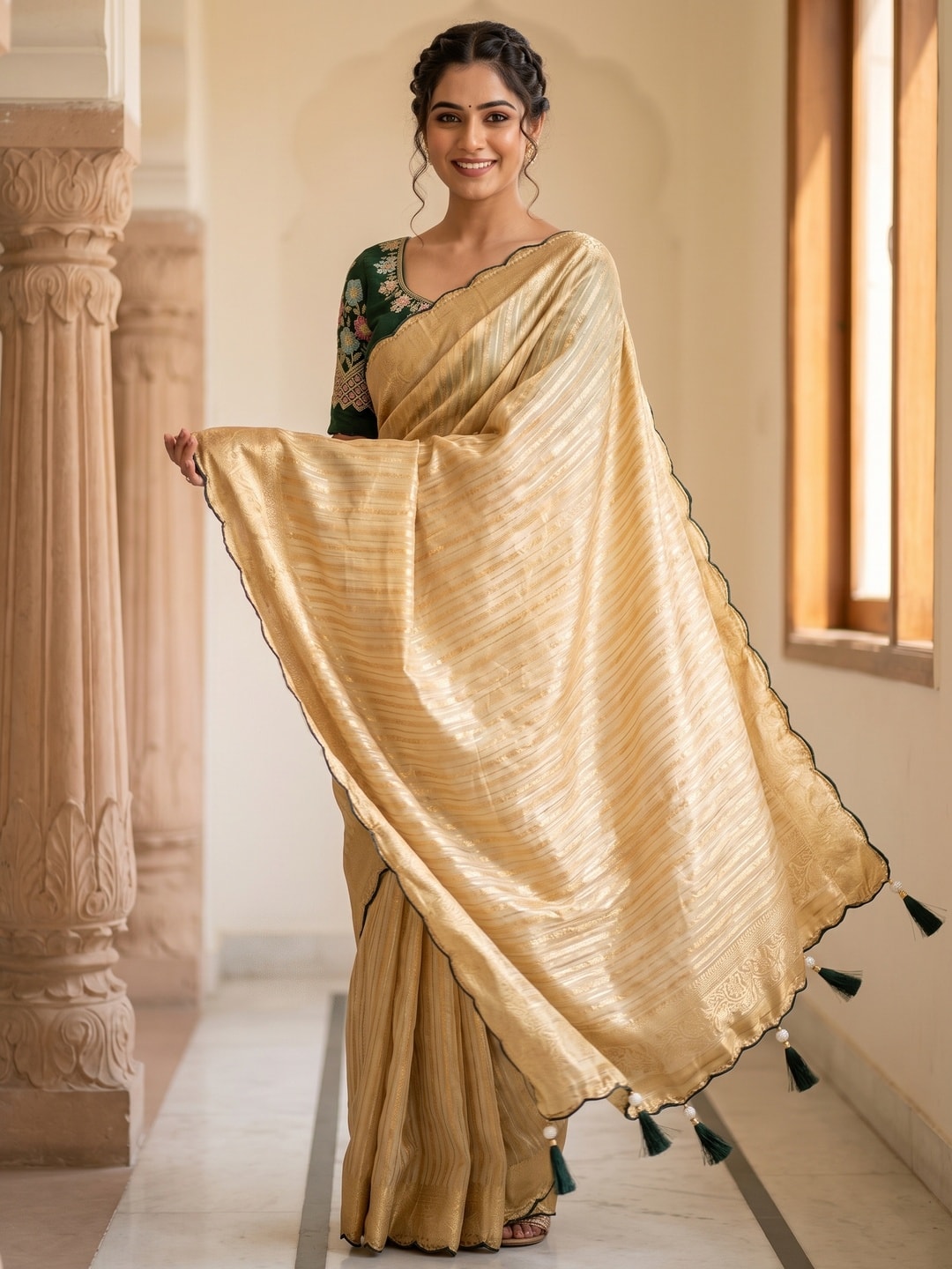 Peachmode Champagne Gold Striped Viscose Jacquard Saree With Green Embroidered Blouse - Image 1