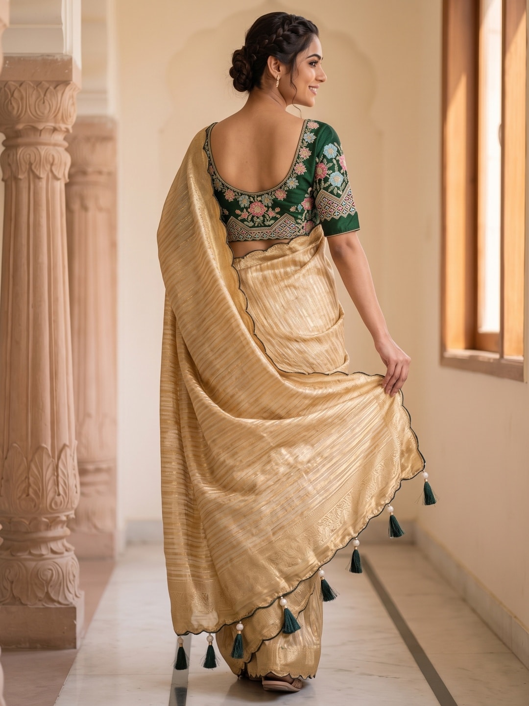 Peachmode Champagne Gold Striped Viscose Jacquard Saree With Green Embroidered Blouse - Image 2