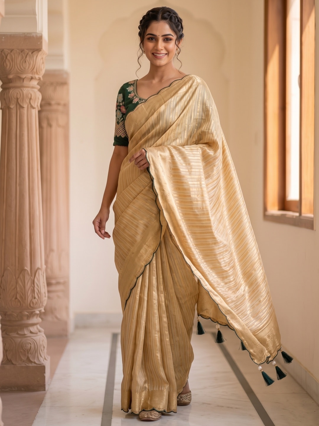 Peachmode Champagne Gold Striped Viscose Jacquard Saree With Green Embroidered Blouse - Image 3