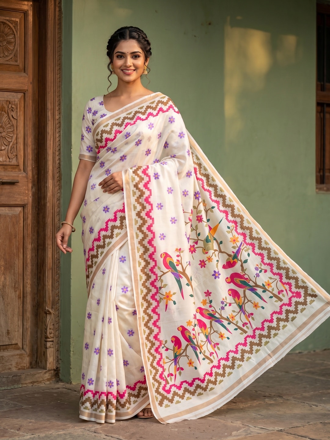 Peachmode Cream Mul Cotton Kalamkari Print Saree - Image 1