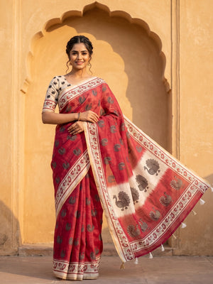 Peachmode Red Animal Print Linen Cotton Saree - Image 1