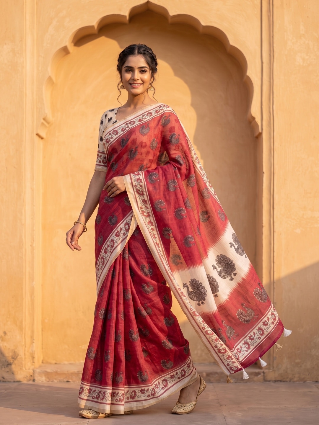 Peachmode Red Animal Print Linen Cotton Saree - Image 3