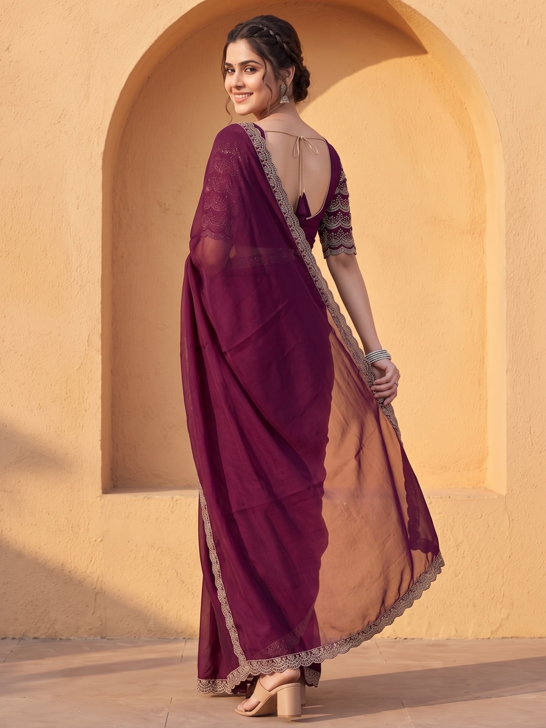 Peachmode Wine Embroidered Border Rangoli Silk Saree - Image 2