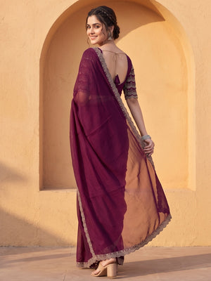 Peachmode Wine Embroidered Border Rangoli Silk Saree - Image 2