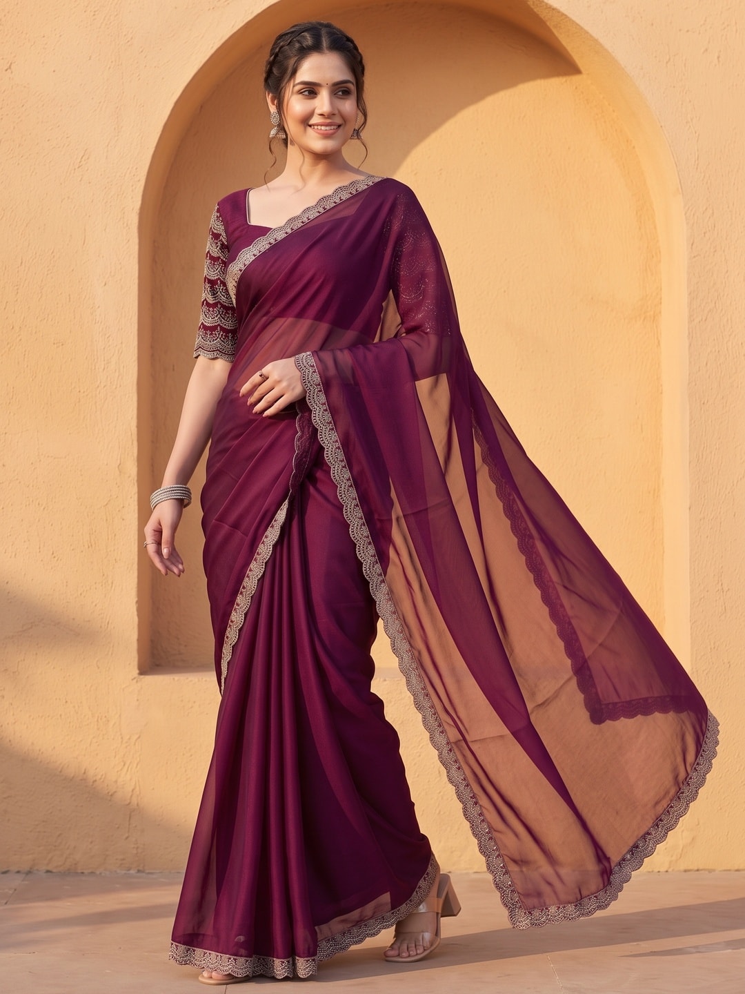 Peachmode Wine Embroidered Border Rangoli Silk Saree - Image 3