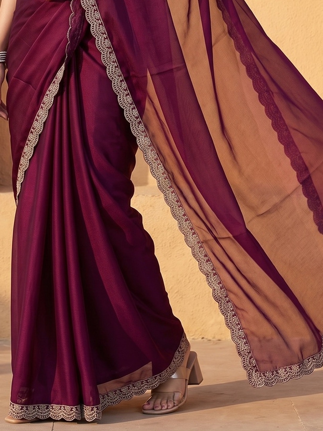 Peachmode Wine Embroidered Border Rangoli Silk Saree - Image 5